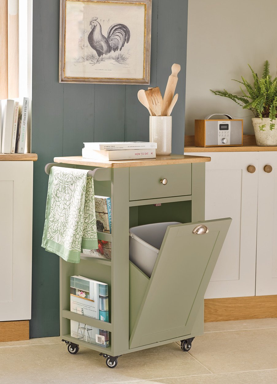 Sage green wooden bin store, with 1 drawer