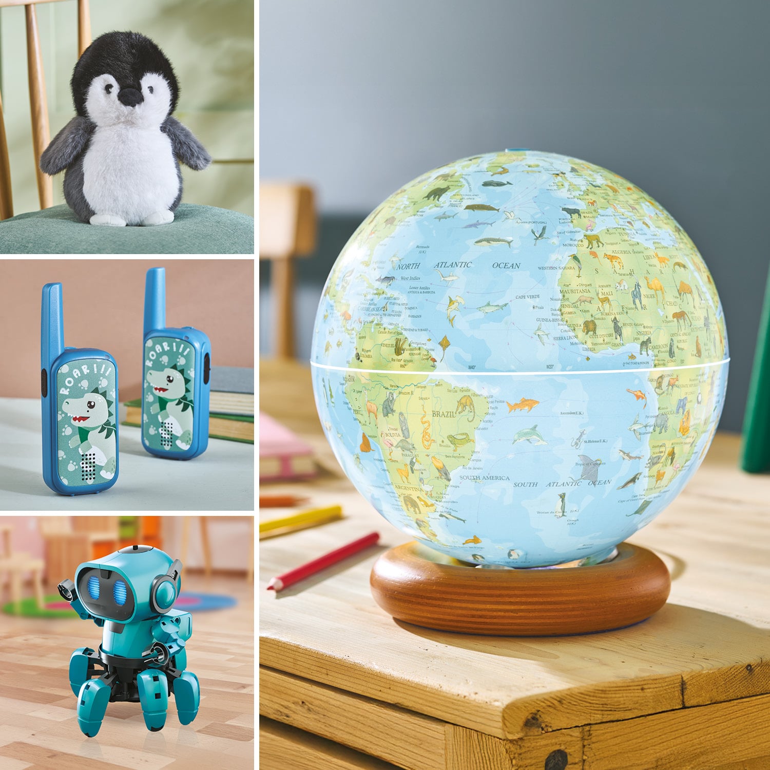 Selection of children's gifts - Cosy Heatable Plush Penguin, Dino Walkie Talkies, AI Robot and Animal Travel Globe