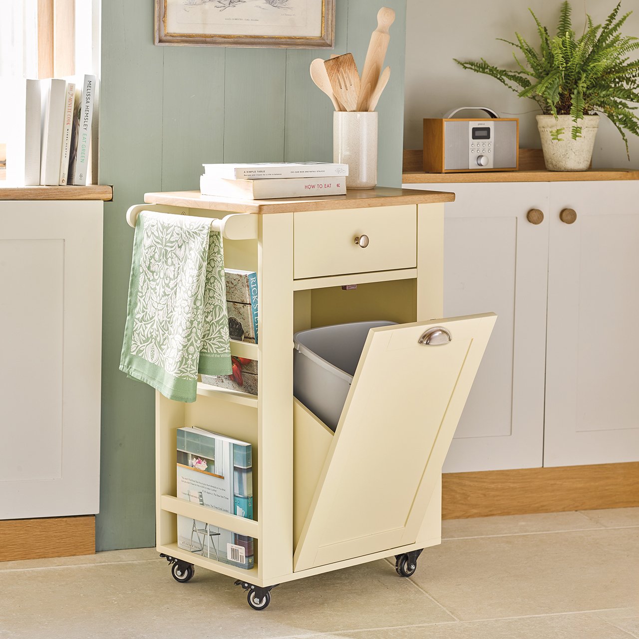 Cream wooden bin store, with 1 drawer