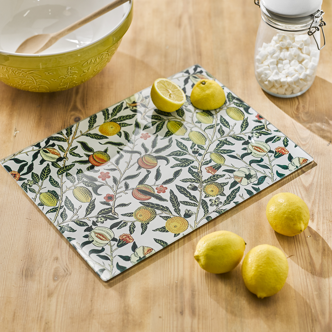 Glass worktop saver in Fruits by William Morris design