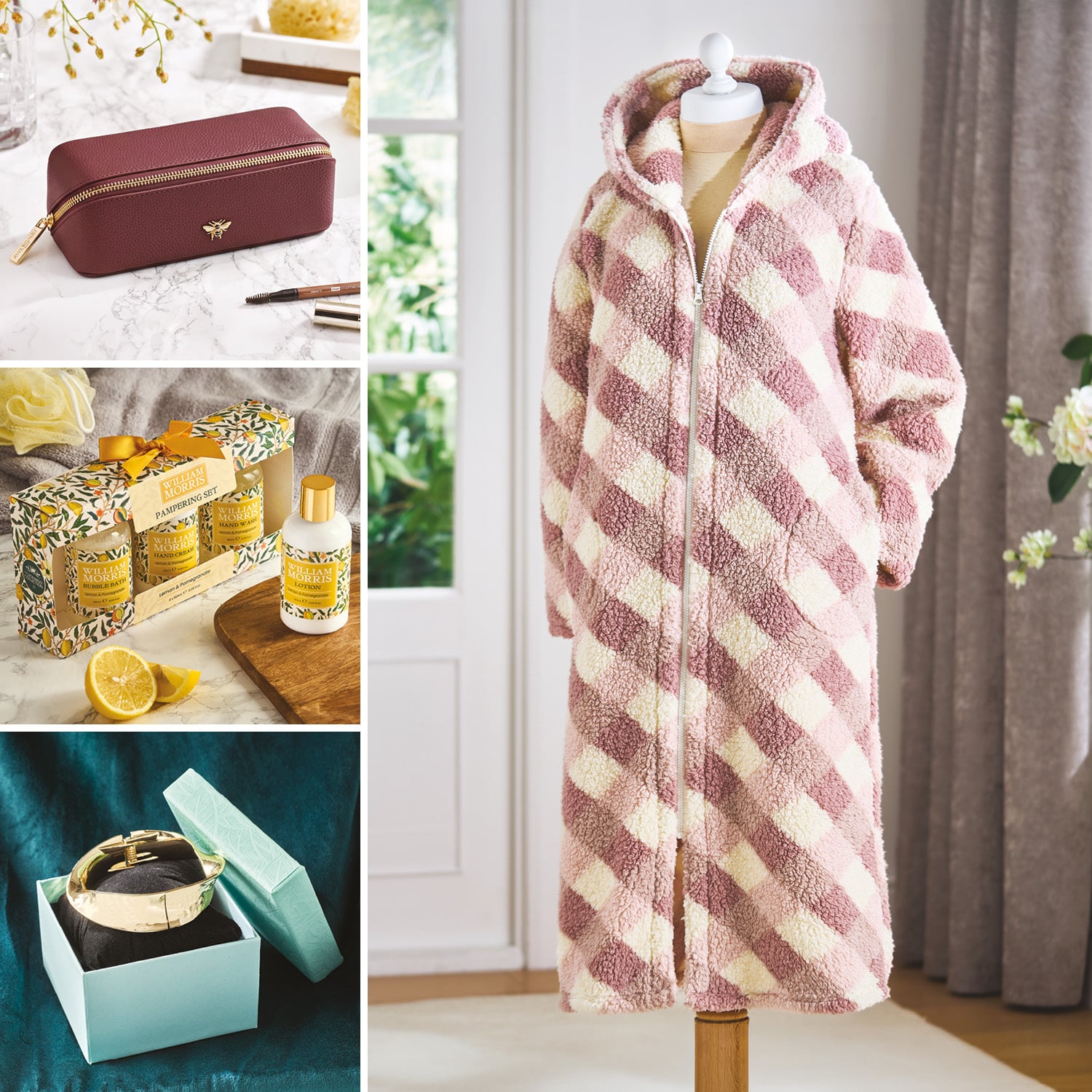 Selection of women's gifts - Snuggle Gown, Small Berry Train Case, William Morris Pamper Set and Easy-on Bangle Gold
