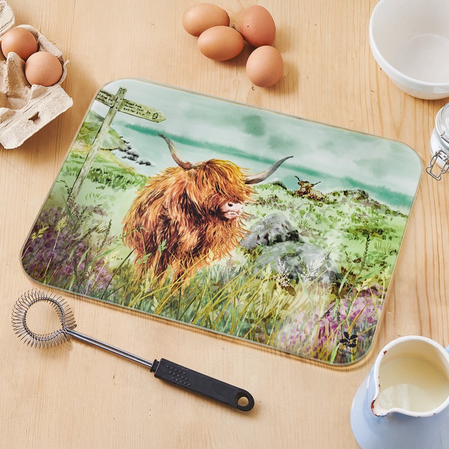 Glass worktop saver with Highland Cow design