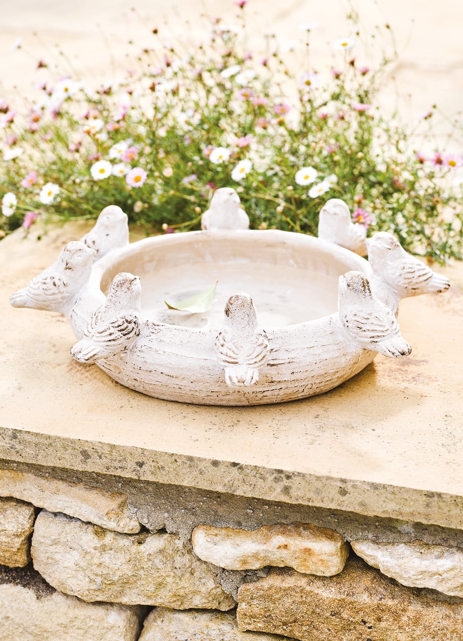 Cement round bird bath with birds lined up on the edges