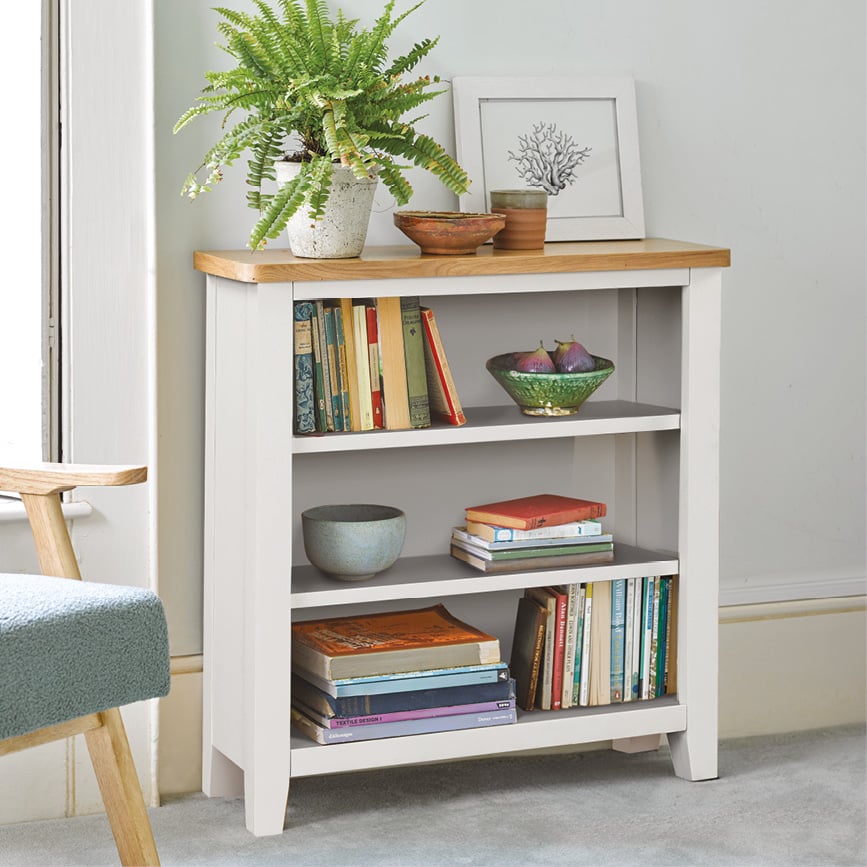 Cream low bookcase with oak top