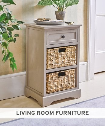 Image shows wooden unit with two wicker storage baskets